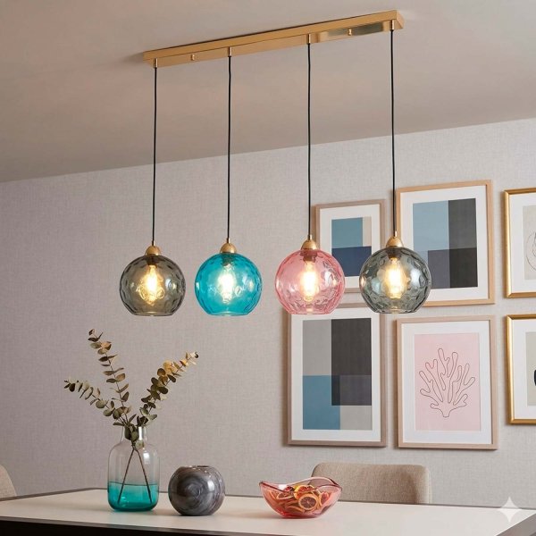 PLAFONNIER 4 LUMIÈRES LYRIA BLEU, FUMÉ ET ROSE | Ukukhome